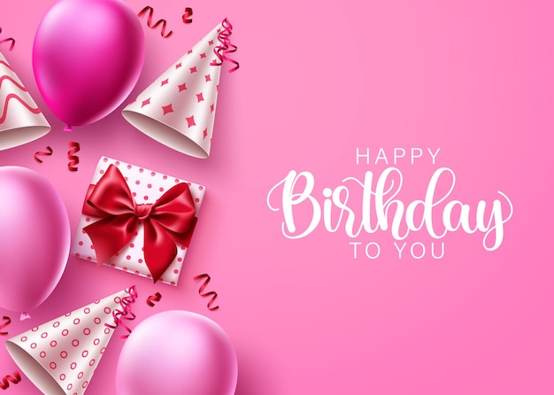 Zadowolony urodziny projekt tło wektor. Tekst z życzeniami urodzinowymi w różowej przestrzeni z balonami.