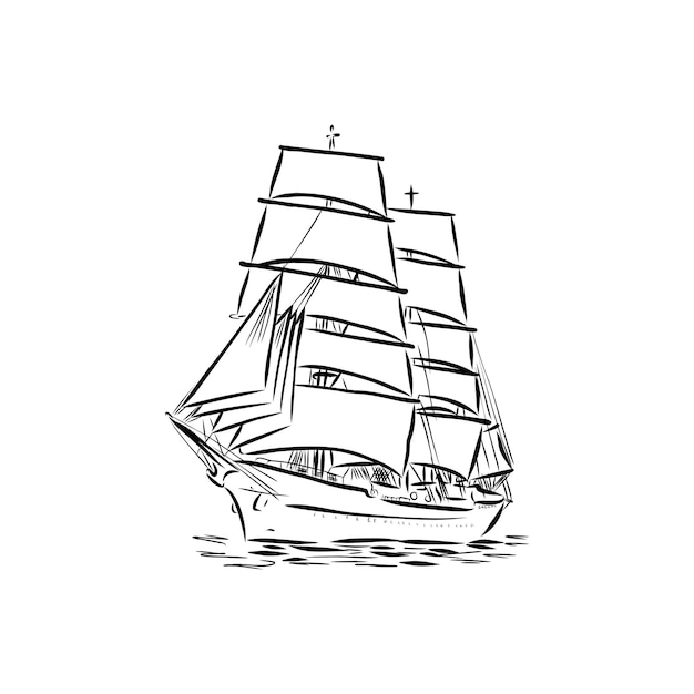 Żaglowiec lub łódź na oceanie w stylu linii atramentu. Ręcznie naszkicowany jacht. Projekt motywu morskiego.