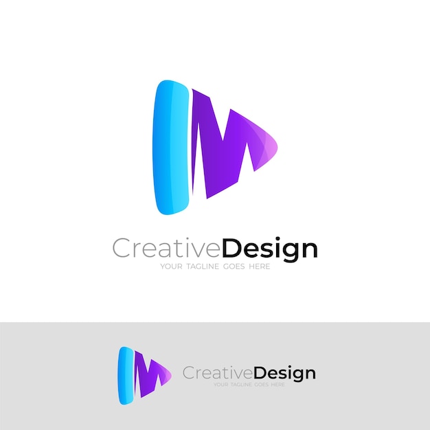 Plik wektorowy zagraj w logo i literę m, łącząc ikony audio w kolorze niebieskim