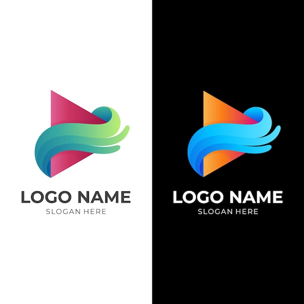 Zagraj W Logo Skrzydła, Przycisk Odtwarzania I Skrzydło, Wektor Logo Kombinacji Z Kolorowym Stylem 3d