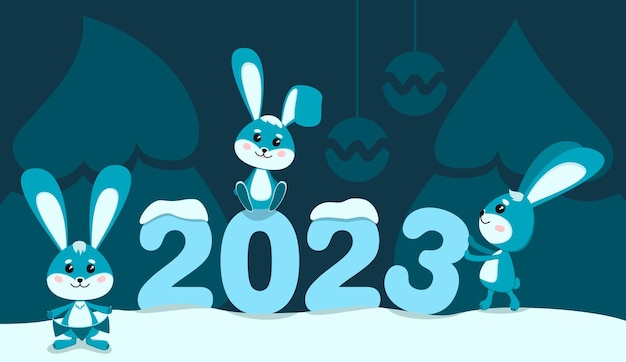 Zajączki To Symbol Roku 2023 Na Tle Choinek. Boże Narodzenie, Nowy Rok