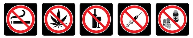 Plik wektorowy zakaz zbierania symboli narkotyków zakaz palenia nie marihuany nie zbierać znaków alkoholu na czarnym tle