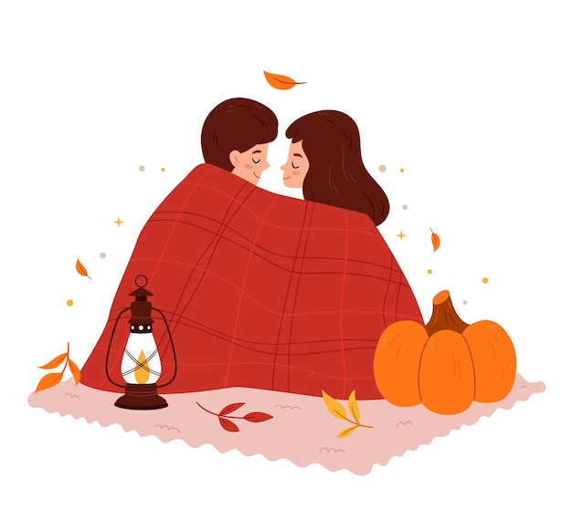 Plik wektorowy zakochana para na jesiennym pikniku zakochani w kocu romantyczna oprawa lampa naftowa i dynia