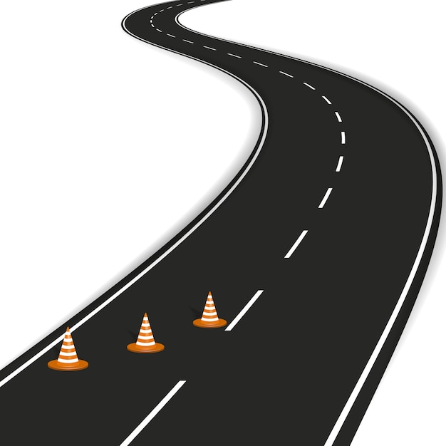 Plik wektorowy zakrzywiona droga z białymi znakami, pomarańczowe pachołki drogowe.