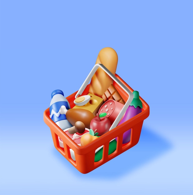 Zakupy 3D Plastikowy kosz ze świeżymi produktami Renderowanie Sklep spożywczy Supermarket Jedzenie i napoje Mleko Warzywa Mięso Kurczak Ser Kiełbasa Sałatka Chleb Czekolada Jajko Ilustracja wektorowa