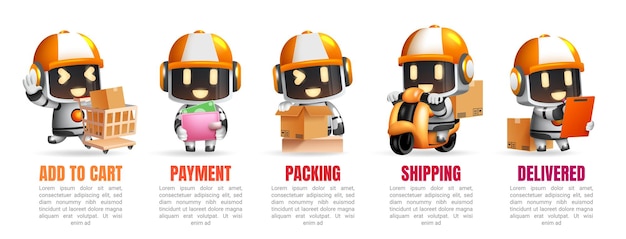 Zakupy online infografika wektor zestaw Wytyczne dotyczące aplikacji zakupów online z dostawą robotów