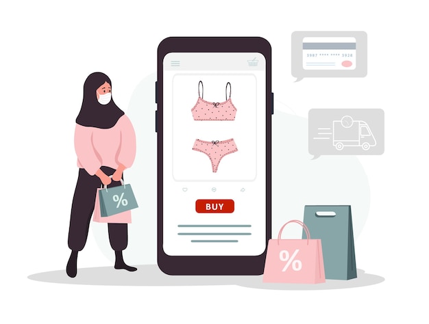 Zakupy Online. Islamska Kobieta Kupuje Bieliznę W Internetowym Sklepie Z Bielizną.