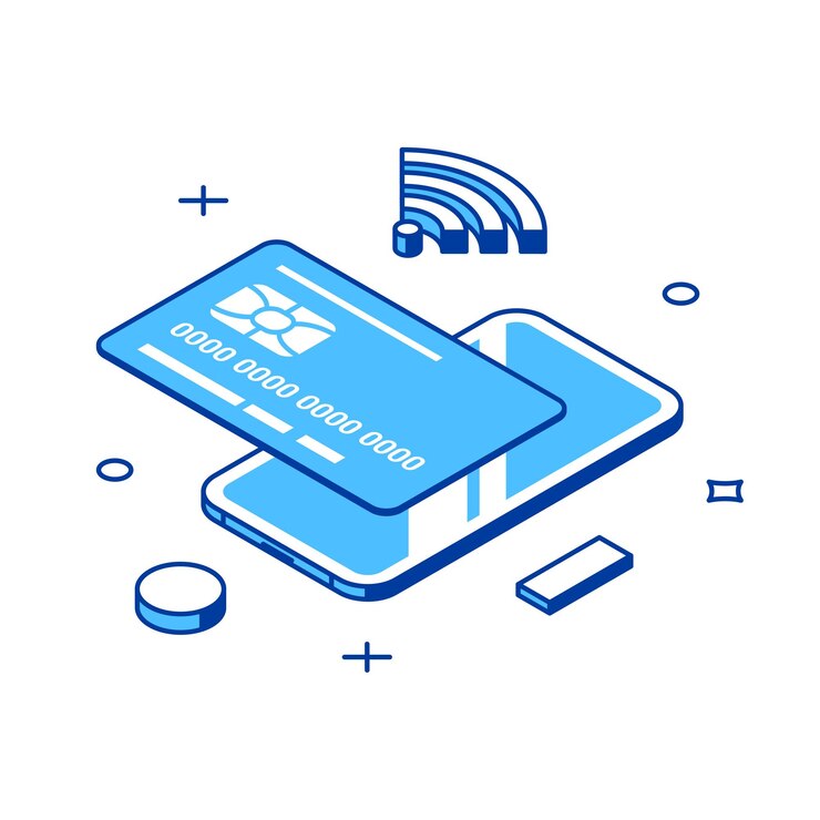 Zakupy online karta kredytowa smartfon płatności zbliżeniowe zakup towarów 3d ikona izometryczny ilustracja wektorowa Internet e commerce detaliczny sklep cyfrowy bankowość finansowa zapłać technologia cyberprzestrzeni