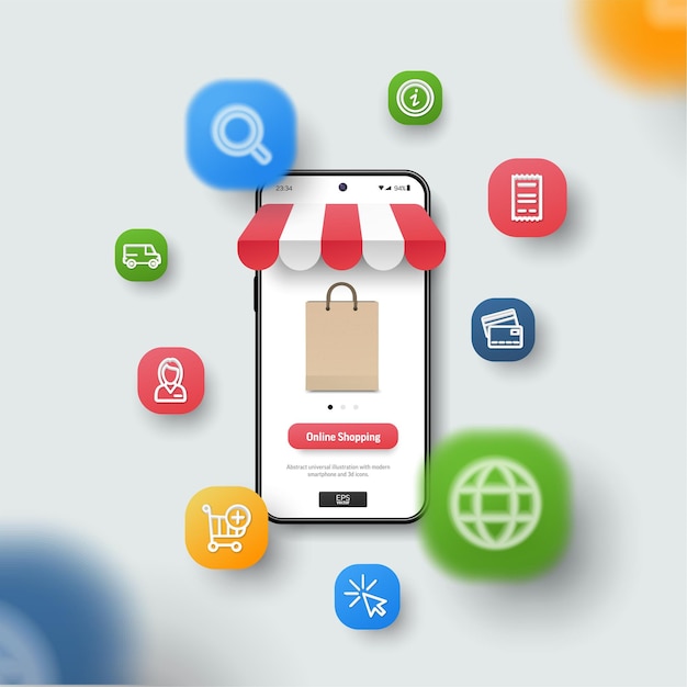 Zakupy online Koncepcja marketingu i handlu Realistyczna makieta smartfona 3d ikony latające nad ekranem Tło wektor