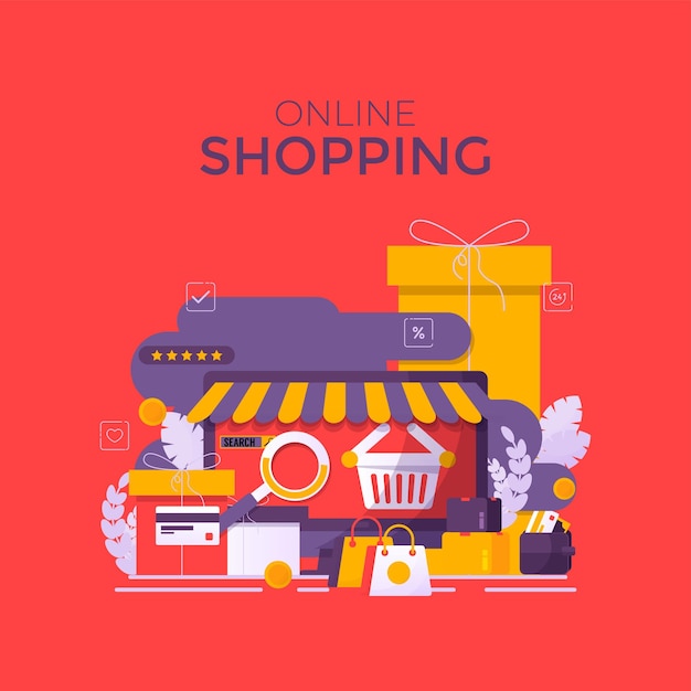 Zakupy online na koncepcja wektor aplikacji mobilnej z torbą sklepową i pudełkiem na prezenty na tle niebieskiego nieba i białej prezentacji smartfona na półkach Ilustracja marketingu cyfrowego