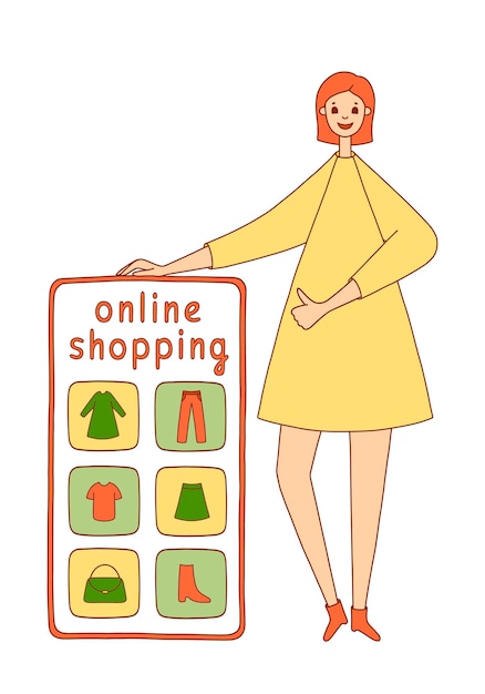 Zakupy Online. Uśmiechnięta Kobieta Obok Dużego Telefonu Z Ikonami Ubrań. Płaska Ilustracja Wektorowa