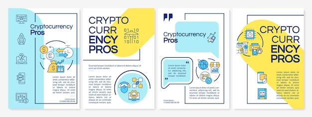 Zalety kryptowaluty szablon broszury niebieski i żółty Wirtualna waluta Projekt ulotki z liniowymi ikonami 4 układy wektorowe do prezentacji raporty roczne Questrial LatoUżywane zwykłe czcionki