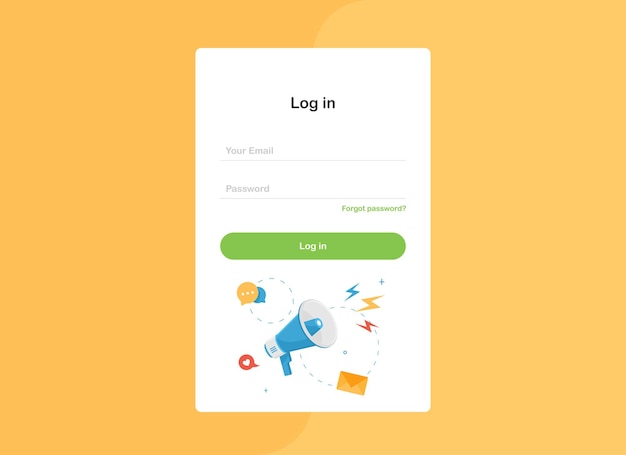 Plik wektorowy zaloguj się do formularza szablonu strony docelowej z megafonem w płaskiej konstrukcji