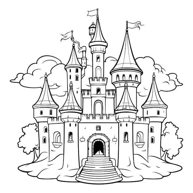 Zamek Bajkowy Zamek Bajowy Ilustracja Wektorowa Czarno-biała
