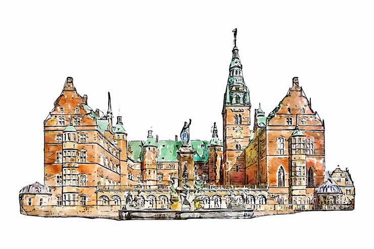 Wektor zamek fredericksburg dania akwarela ręcznie rysowane ilustracja na białym tle