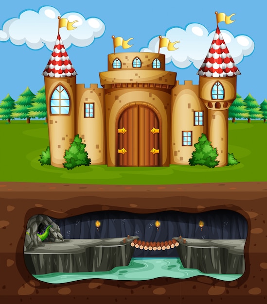 Plik wektorowy zamek i podziemna jaskinia smoków