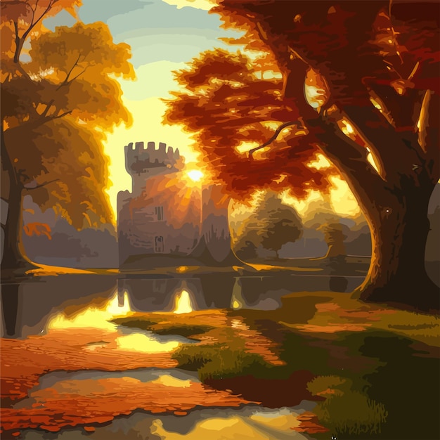 Zamek na piękny jesienny dzień koncepcja sztuki krajobrazu ilustracji wektorowych