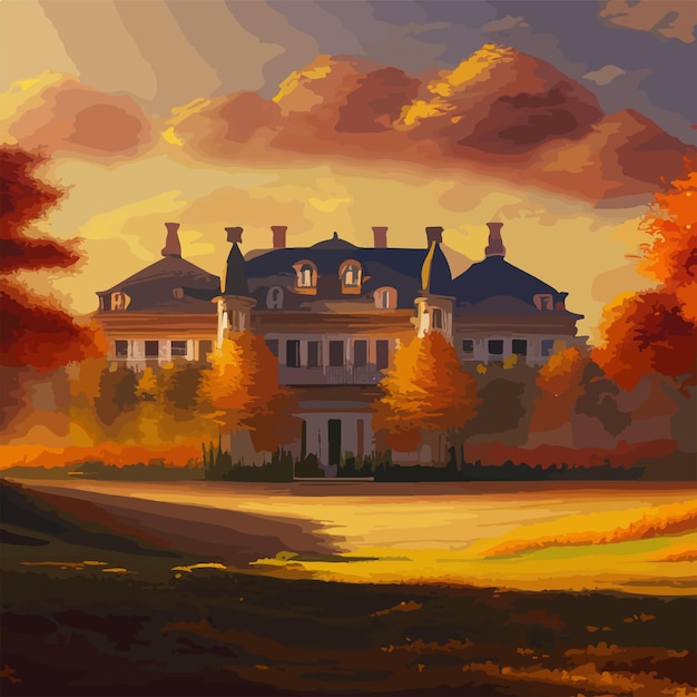 Zamek na szczycie wzgórza otoczony drzewami jesienny krajobraz w słoneczny dzień ilustracji wektorowych
