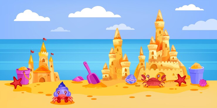 Zamek z piasku letniej plaży ilustracja kreskówka krajobraz niebo chmury krab ocean wiadro