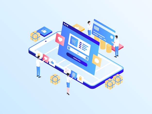 Zamówienie e-commerce na mobilnej ilustracji izometrycznej z jasnym gradientem. Nadaje się do aplikacji mobilnych, stron internetowych, banerów, diagramów, infografik i innych zasobów graficznych.