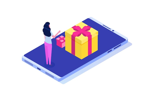 Zamówienie na prezent online, zakupy online, koncepcja e-commerce. Ludzie kupują prezenty. Ilustracja wektorowa