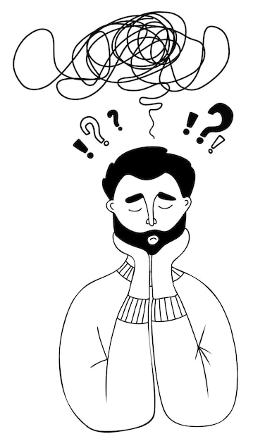 Plik wektorowy zamyślony smutny mężczyzna z brodą wątpi w myśli i pytania w głowie doodle ręka wektor