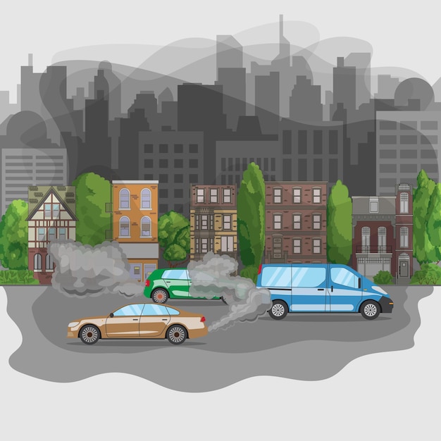 Plik wektorowy zanieczyszczone miasto z spalin samochodowych smog w mieście ilustracja wektorowa