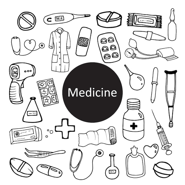 Zaopatrzenie w leki i leki zestaw doodle ilustracji wektorowych na białym tle