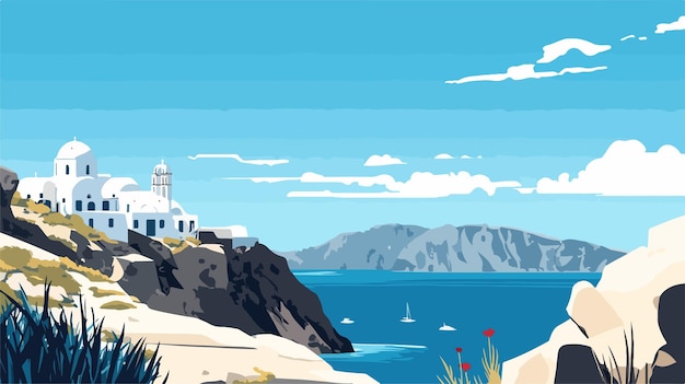 Zapierający dech w piersiach Caldera Santorini Widok na Morze Egejskie Ilustracja wektorowa