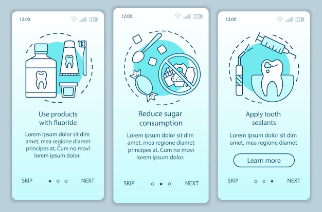 Zapobieganie próchnicy ekran strony aplikacji mobilnej onboarding z liniowymi koncepcjami. Stomatologia. Instruktaż opieki stomatologicznej kroki instrukcje graficzne. Szablon wektorowy UX, UI, GUI z ilustracjami