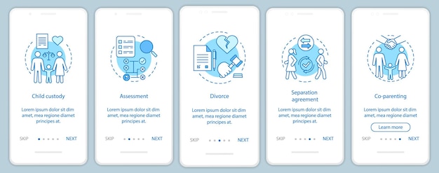 Zapośredniczenie szablon wektora ekranu strony aplikacji mobilnej. Opieka nad dzieckiem, ocena, rozwód, współrodzicielstwo. Instruktażowe kroki strony internetowej z ilustracjami liniowymi. UX, koncepcja interfejsu smartfona UI