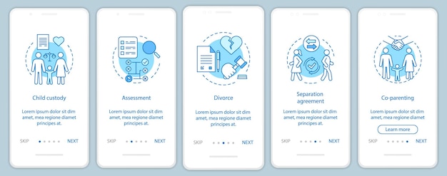 Zapośredniczenie Szablon Wektora Ekranu Strony Aplikacji Mobilnej. Opieka Nad Dzieckiem, Ocena, Rozwód, Współrodzicielstwo. Instruktażowe Kroki Strony Internetowej Z Ilustracjami Liniowymi. Ux, Koncepcja Interfejsu Smartfona Ui