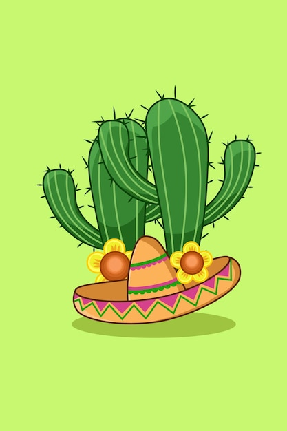 Zaprojektuj Kaktusowe żółte Kwiaty I Meksykańską Ilustrację Kreskówki