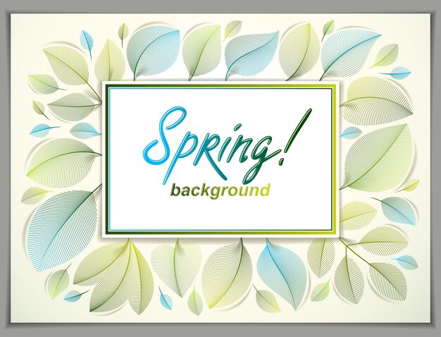 Plik wektorowy zaprojektuj poziomy baner z wiosna wpisując logo, zielone i świeże liście tło kompozycji ramki. karta sezonowa, oferta promocyjna. stylowy, klasyczny rysunek botaniczny, środowisko.