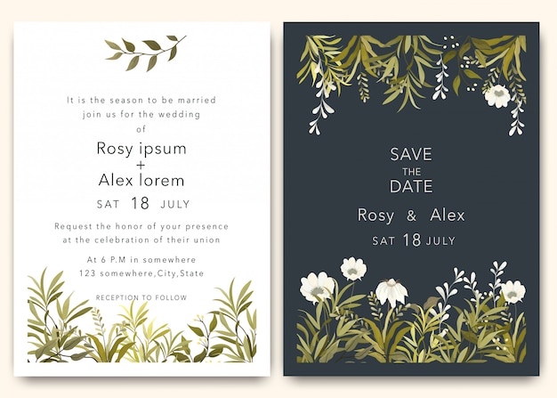 Plik wektorowy zaproszenia ślubne pozwalają zapisać projekt karty z eleganckim zawilcem ogrodowym.