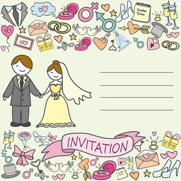 Plik wektorowy zaproszenie kartka panny młodej i pana młodego doodle ilustracja wektorowa