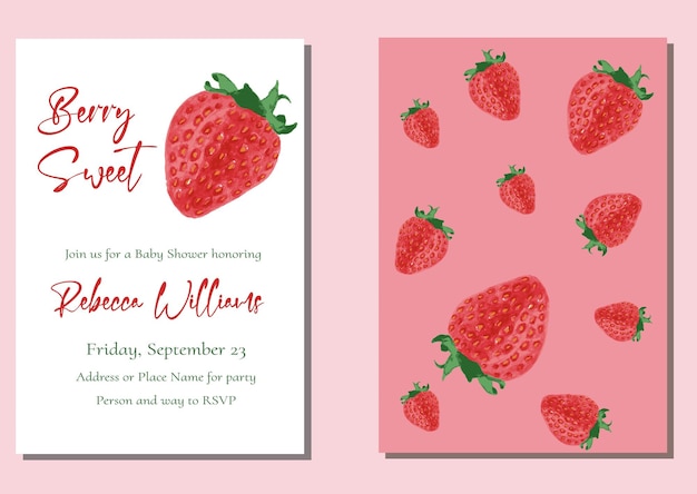 Plik wektorowy zaproszenie na baby shower lub przyjęcie urodzinowe z truskawką i tytułem berry sweet