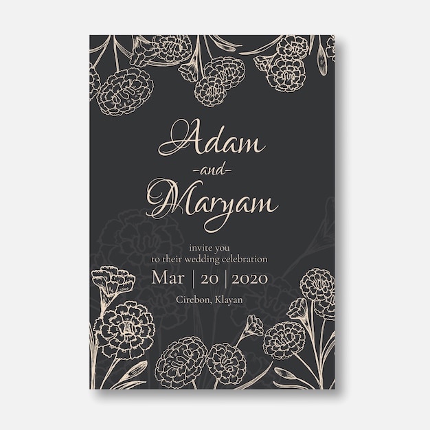 Plik wektorowy zaproszenie na ślub minimalistyczny styl projektowania karty z piękna doodle ręcznie rysowane goździk kwiat ornament zarys rocznika