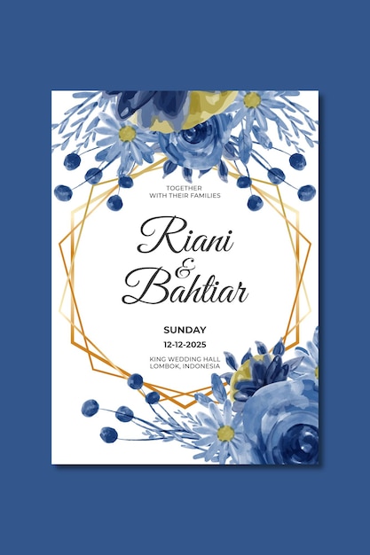 Plik wektorowy zaproszenie na ślub z akwarelowymi niebieskimi kwiatami