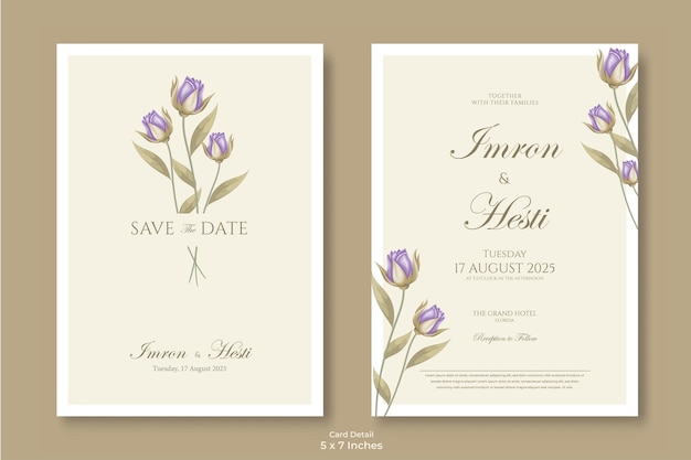 Zaproszenie Na ślub Z Pięknym Miękkim Fioletowym Motywem Kwiatowym Wektor Premium