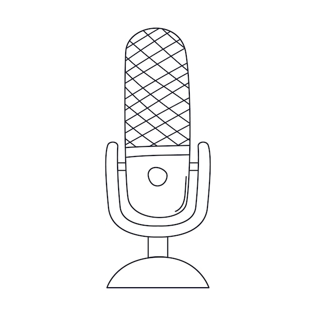 Zarys bezprzewodowy profesjonalny mikrofon studyjny na stojaku Sprzęt muzyczny audio do śpiewania podcastów Liniowe doodle czarno-białe wektor ilustracja na białym tle