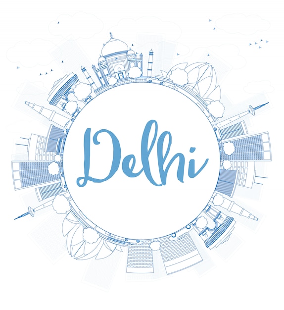 Zarys Delhi Panoramę Z Niebieskimi Punktami Orientacyjnymi I Miejsce.