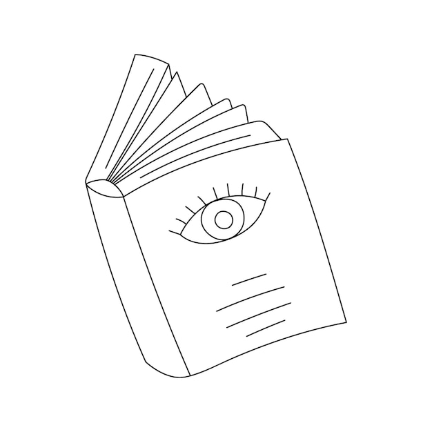 Plik wektorowy zarys doodle otwarta książka w twardej oprawie z okiem na okładce symbol uczenia się edukacja czytanie literatury ręcznie rysowane czarno-białe ilustracje wektorowe izolowane na białym tle