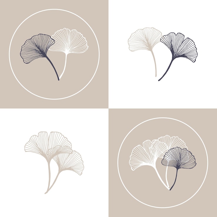 Wektor zarys ginkgo biloba pozostawia pocztówkę zestaw minimalistyczny projekt pastelowe kolory drukuj wektor plakat