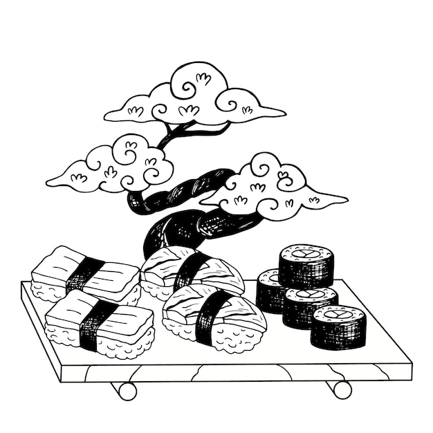 Plik wektorowy zarys ilustracji rolek sushi i kuchni japońskiej tradycyjne potrawy azjatyckie