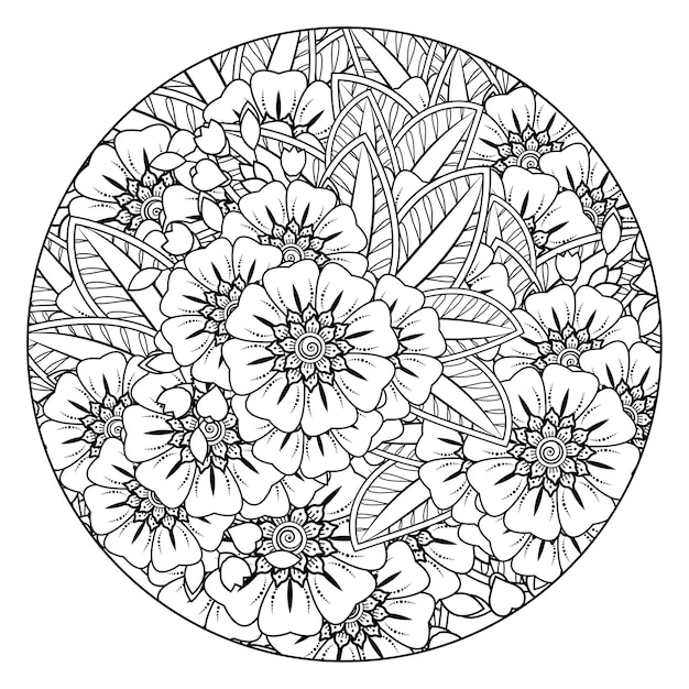 Zarys Koło Kwiaty W Stylu Mehndi Do Kolorowania Strony Doodle Ornament W Czarno-białe Rysowanie Ręczne