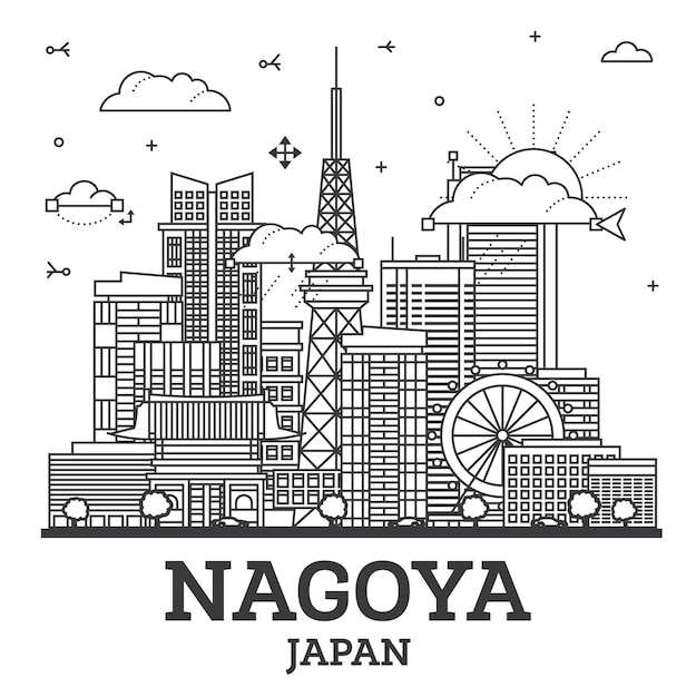 Zarys Nagoya Japan City Skyline Z Nowoczesnymi Budynkami I Refleksjami Na Białym Tle Na Biały Pejzaż Nagoya Z Zabytkami