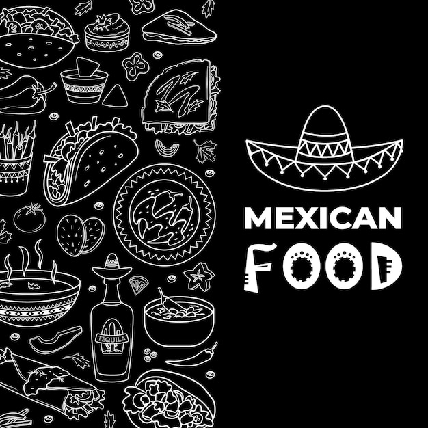 Zarys Ozdobnej Ramki Z łacińskim Jedzeniem Zestaw Kuchni Meksykańskiej