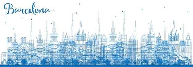 Plik wektorowy zarys panoramę barcelony z niebieskimi budynkami. ilustracja wektorowa. podróże służbowe i koncepcja turystyki z zabytkowymi budynkami. obraz banera prezentacji i witryny sieci web.