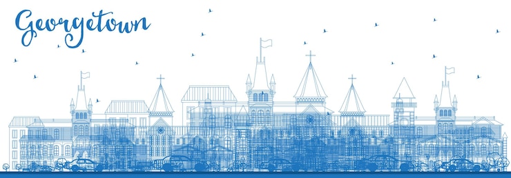 Wektor zarys panoramę georgetown z niebieskimi budynkami. ilustracja wektorowa. podróże służbowe i koncepcja turystyki z nowoczesną architekturą. obraz banera prezentacji i witryny sieci web.